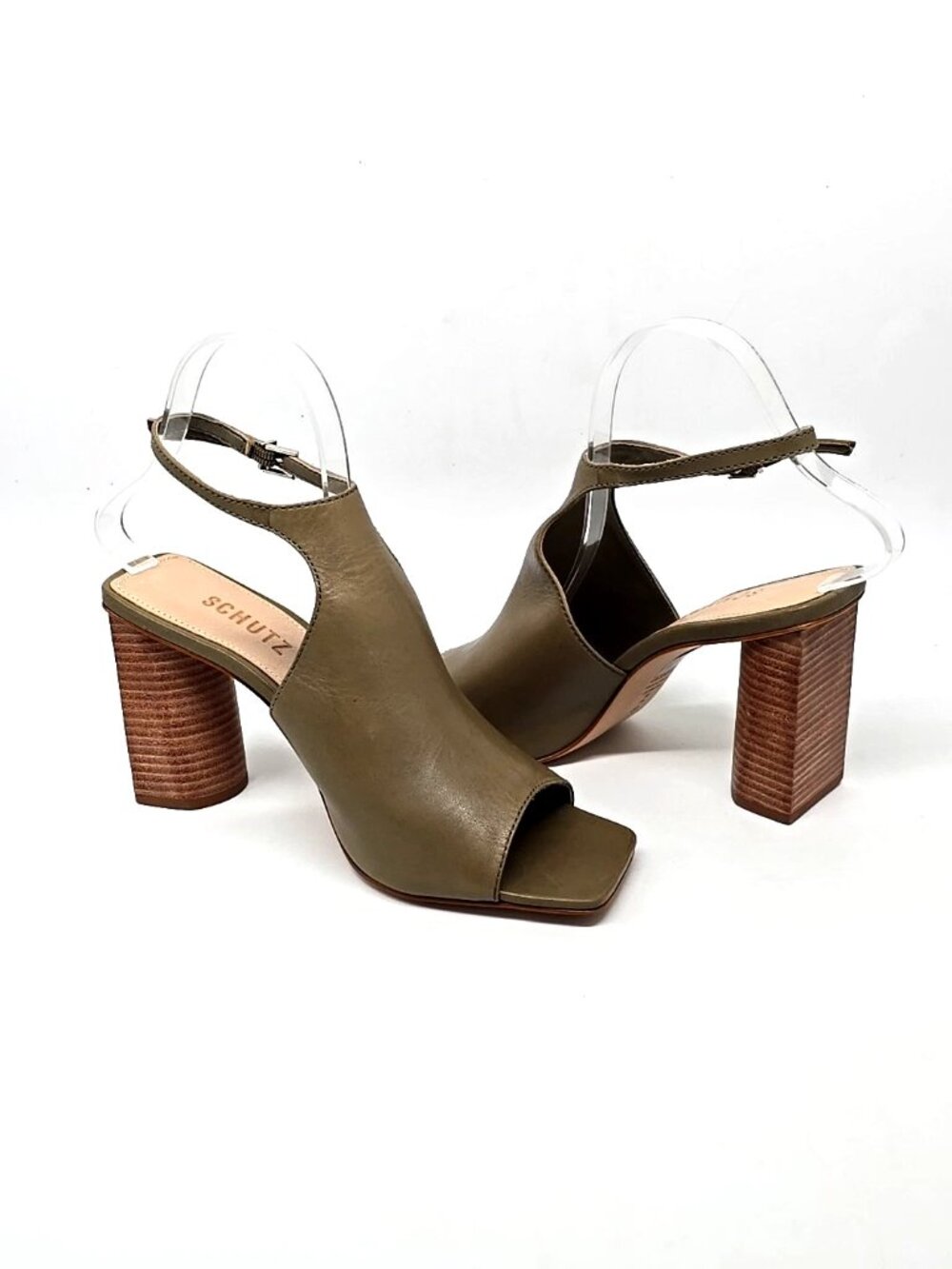 Schutz Dawn High Block Aspen Green Thin Ankle Strap Sandals Women's Size 8B